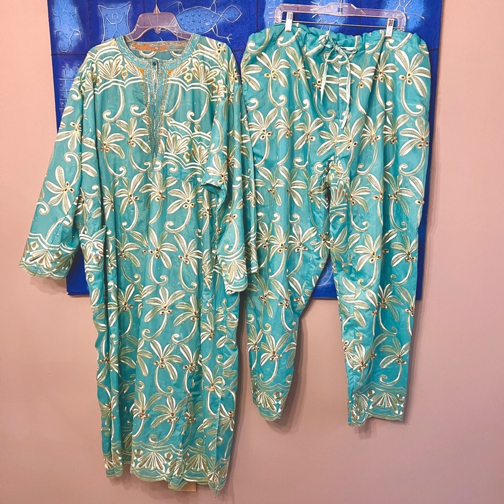 Long African Dashiki Pant Set Embroidered Eyelet - Turquoise